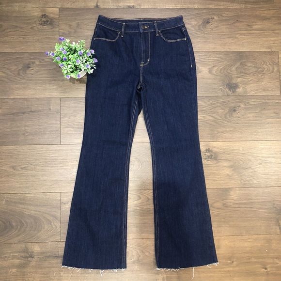 Old Navy Flare Jeans Women's 4 Regular Blue Mid Rise Frayed Hem Dark Wash - Picture 3 of 9